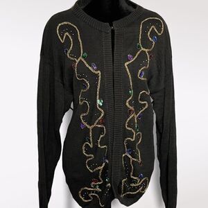 Ugly Christmas Sweater Cardigan One Hook Closure Embroidered Size Medium Rope